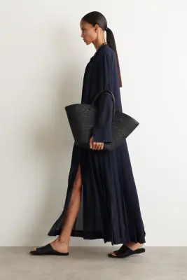 ROBE-CHEMISE MIDI PLISSÉE DÉTAIL À NOUER - BLEU MARINE — photo 1