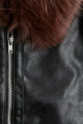 Veste avec col duveteux - Noir/marron — photo 3