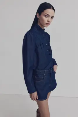 Blouse en denim avec col volanté - Bleu denim foncé — photo 2
