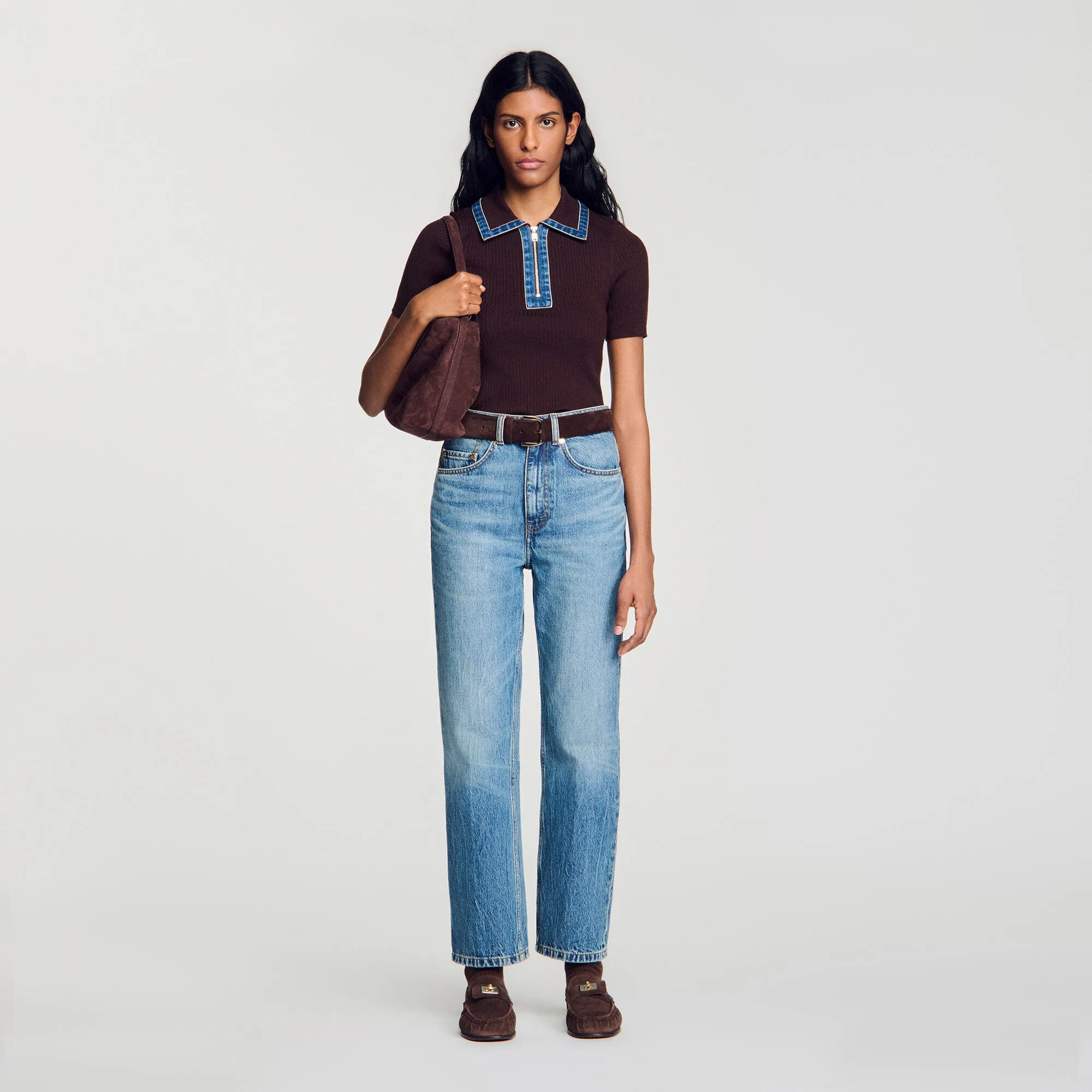 Pull polo en maille et col denim