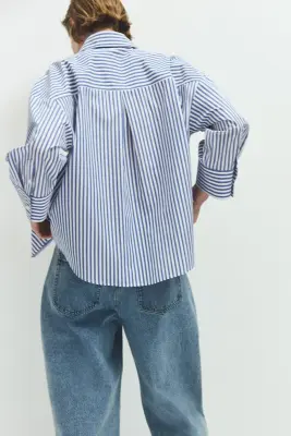 Chemise courte en popeline - Bleu/rayé — photo 1
