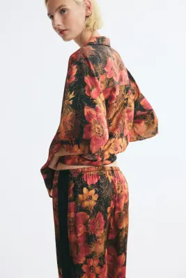 Pantalon en viscose avec bandes latérales - Noir/fleuri — photo 2