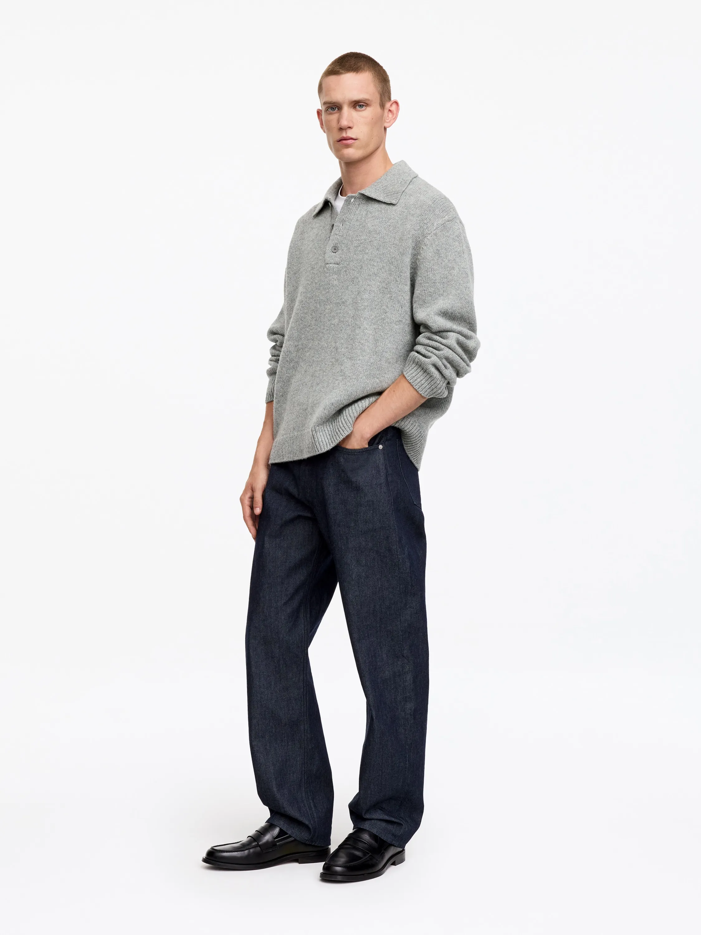 Pull polo en laine - Gris chiné