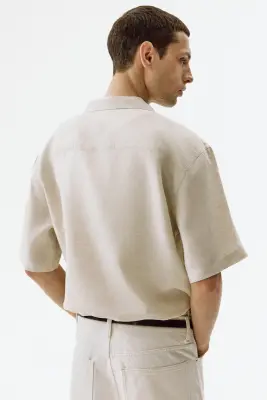 Chemise Relaxed Fit en lin avec col cubain - Beige clair — photo 3