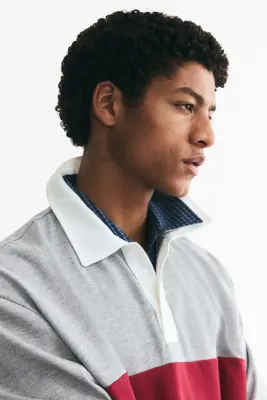 Polo de rugby Regular Fit en coton - Gris chiné/color block — photo 2