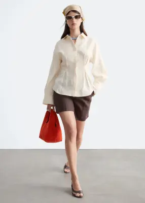 Chemise en lin plissée à la taille - Beige clair — photo 2