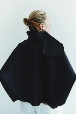 Veste en laine mélangée avec col écharpe - Bleu marine — photo 3