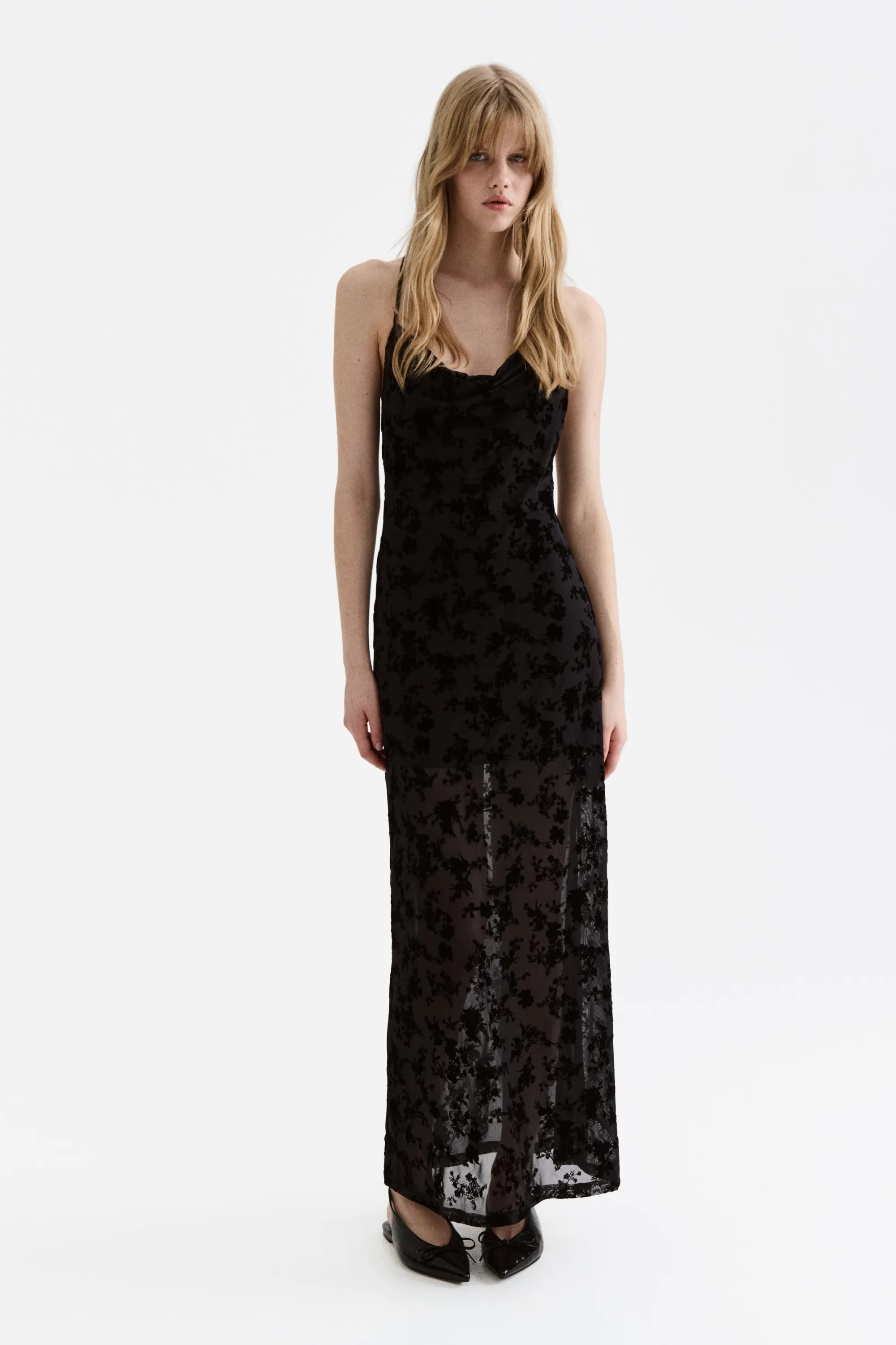 Robe à bretelles fines avec imprimé floqué - Noir