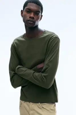 T-shirt en coton rétréci à manches longues - Vert kaki foncé — photo 2