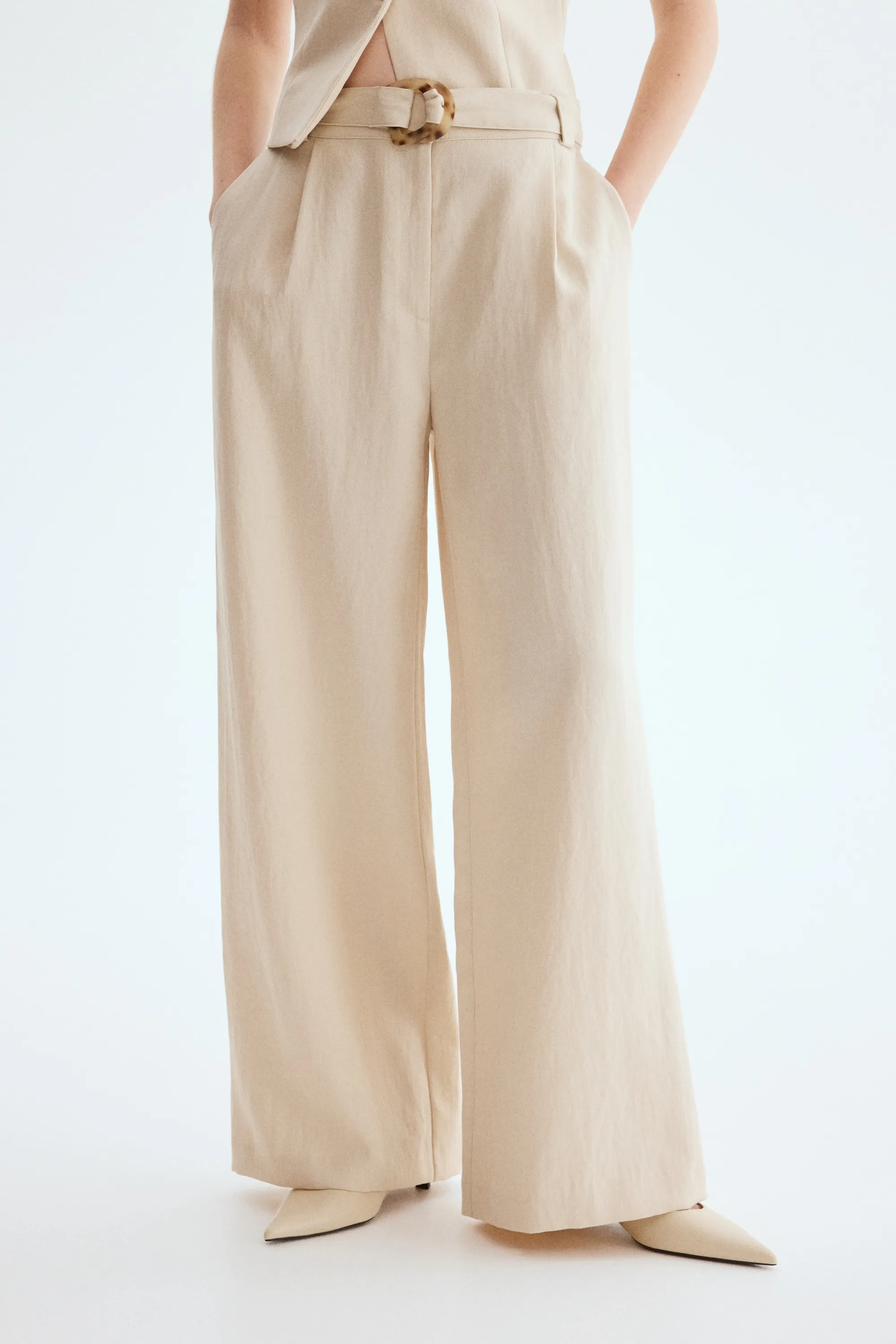 Wide belted trousers - Beige clair