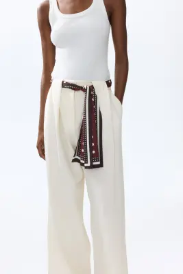 Pantalon en lin mélangé avec détail façon foulard - Crème — photo 1