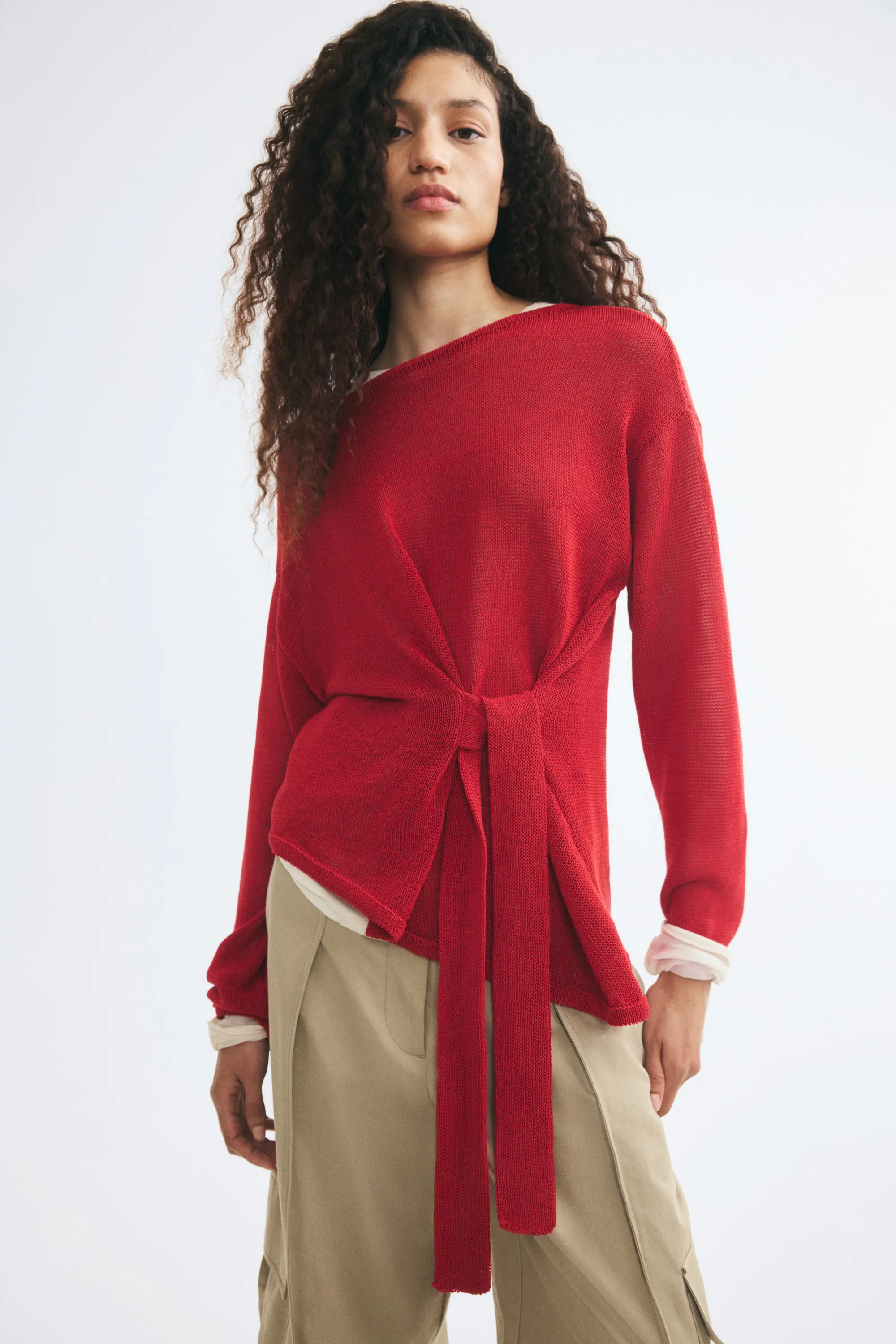 Top en maille avec détail à nouer - Rouge