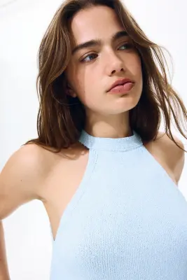 Top en maille avec franges - Bleu clair — photo 1