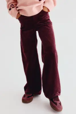 Pantalon large en velours de coton côtelé - Rouge foncé — photo 1