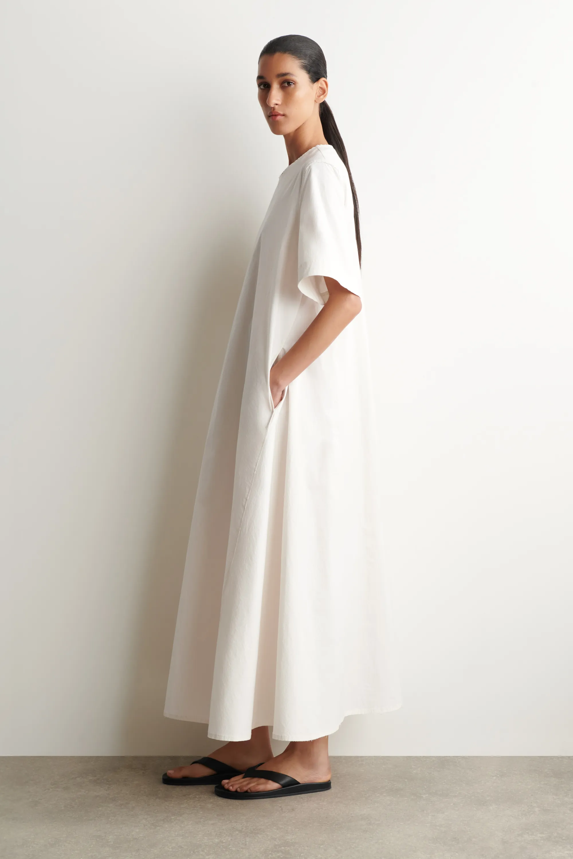 ROBE MIDI EN COTON À OURLET BRUT - BLANC