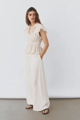 Blouse à manches volantées avec basque - Beige clair — photo 3