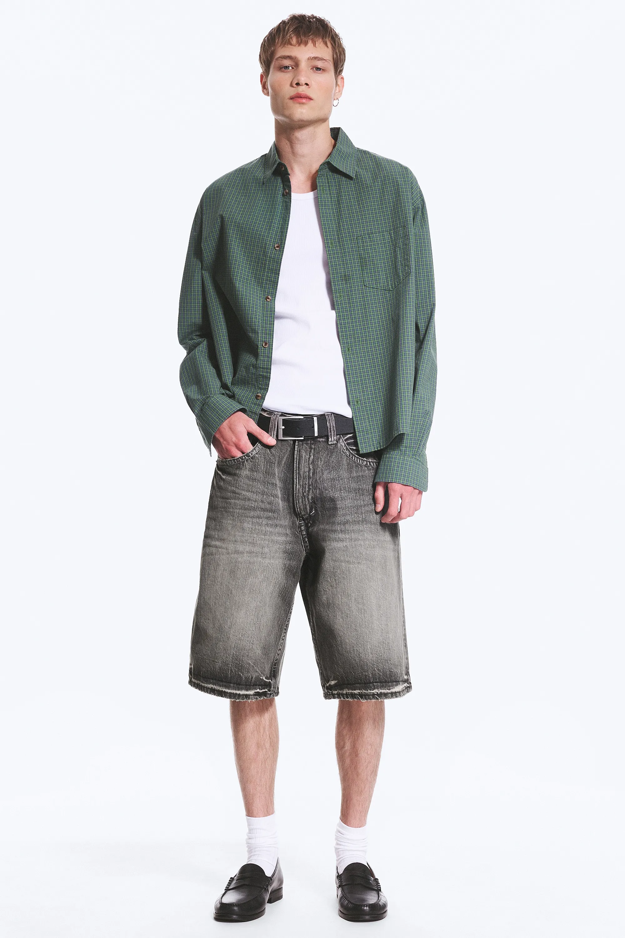 Chemise carrée à manches longues en popeline de coton - Carreaux verts