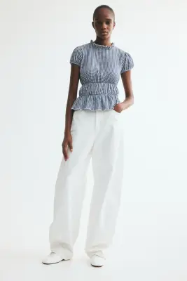 Blouse à manches bouffantes - Bleu foncé/carreaux — photo 1