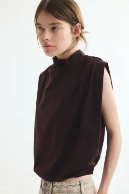 Top plissé en coton - Marron foncé — photo 3