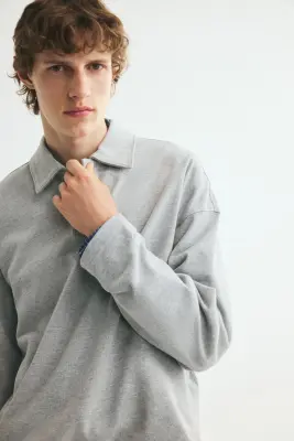 Polo à manches longues Oversized Fit - Gris clair chiné — photo 2