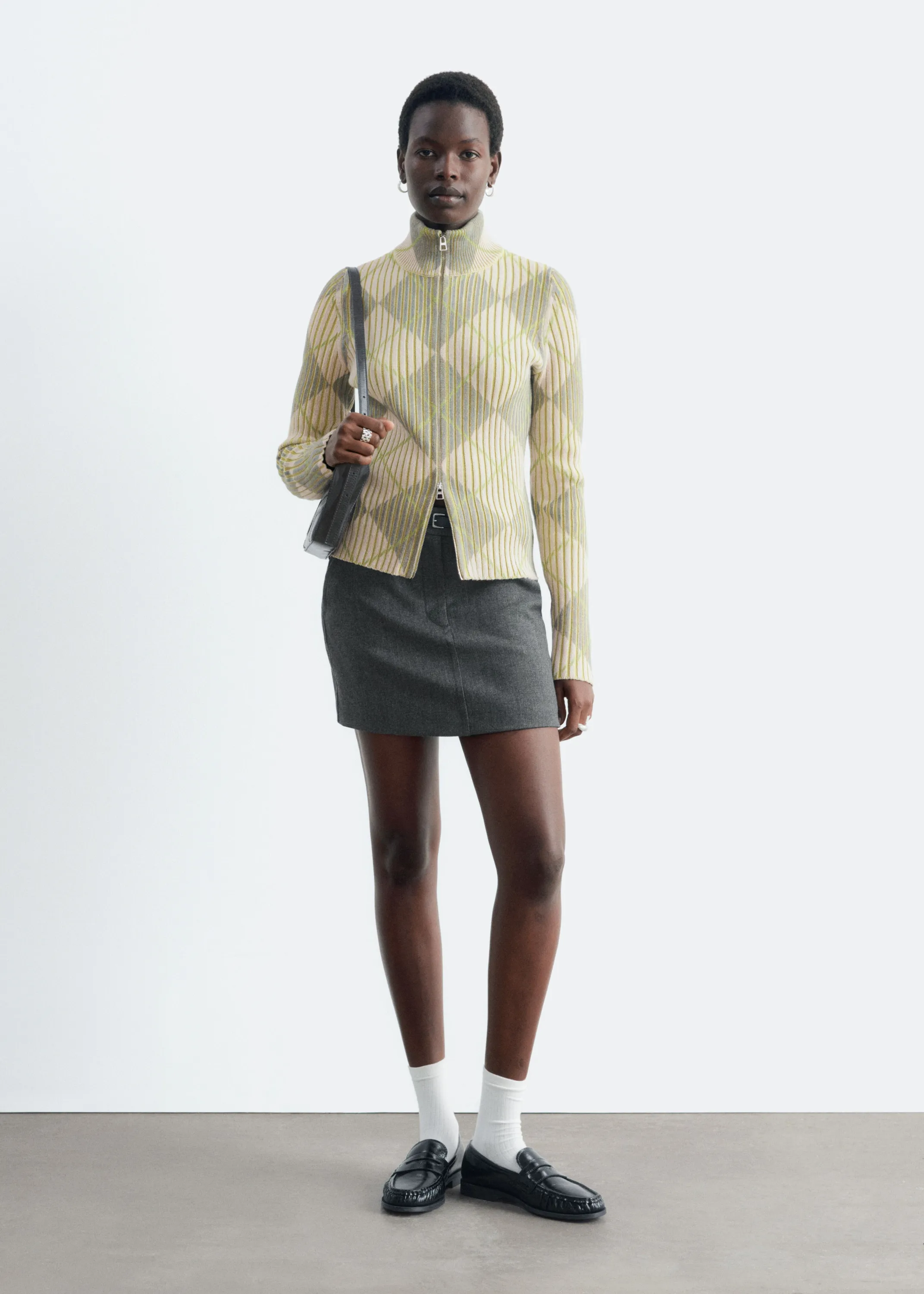 Cardigan zippé en mélange de coton et de laine - Beige/Vert/À carreaux
