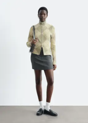 Cardigan zippé en mélange de coton et de laine - Beige/Vert/À carreaux — photo 1