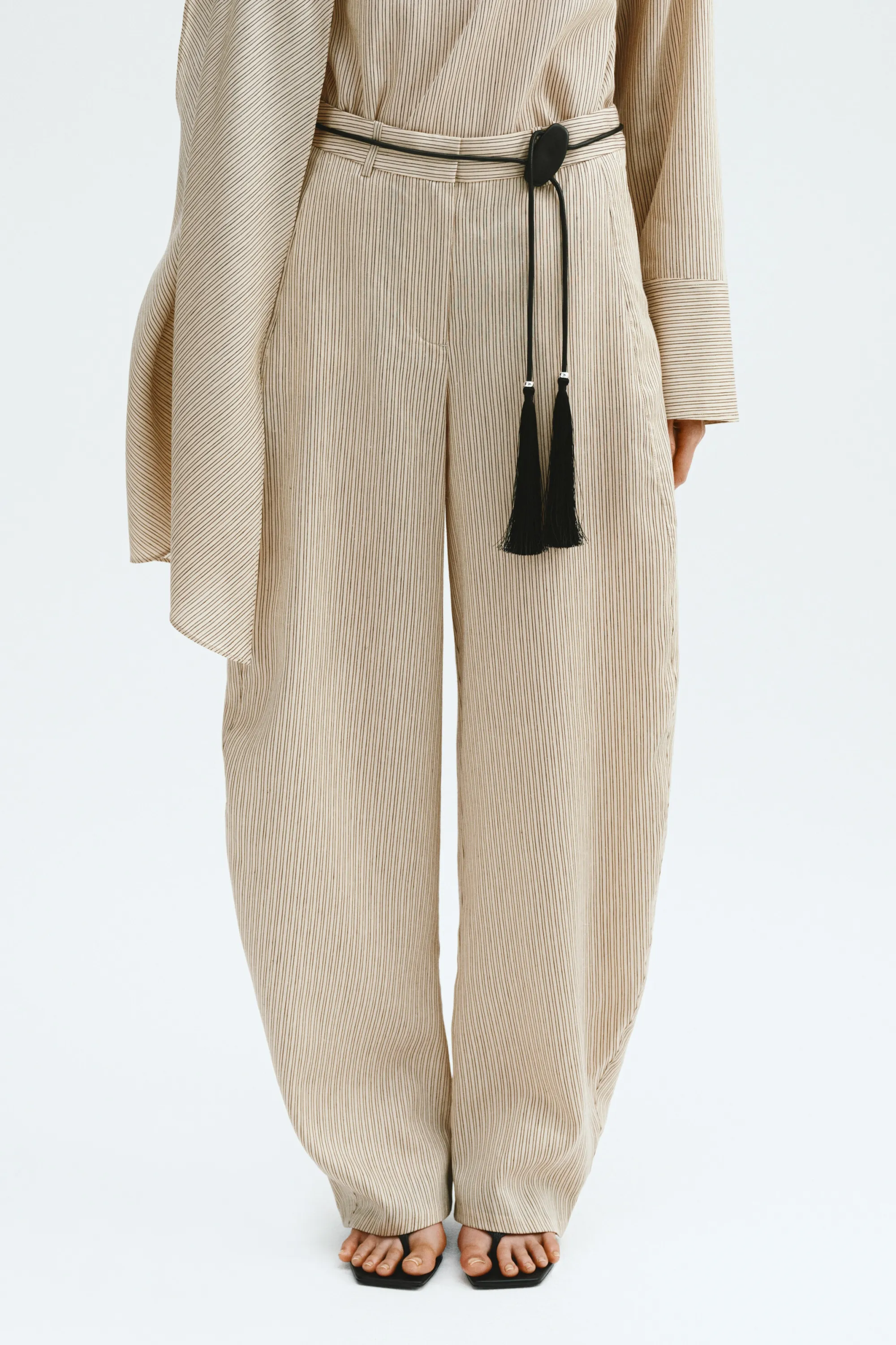 Pantalon barrel en lin mélangé - Beige/rayé