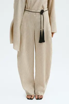 Pantalon barrel en lin mélangé - Beige/rayé — photo 1
