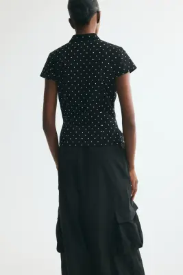 Top en viscose mélangée avec fente goutte d'eau - Noir/pois — photo 3