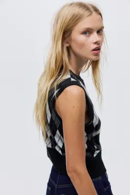 Gilet jacquard sans manches en laine mélangée - Noir/motif argyle — photo 3