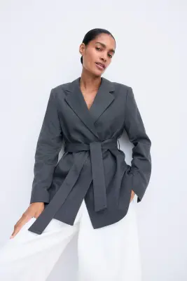 MAMA Blazer avec ceinture à nouer - Gris foncé — photo 3