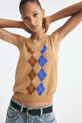 Pull sans manches en maille jacquard - Beige/motif argyle — photo 2