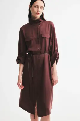 Robe chemise avec col entonnoir - Marron foncé — photo 1