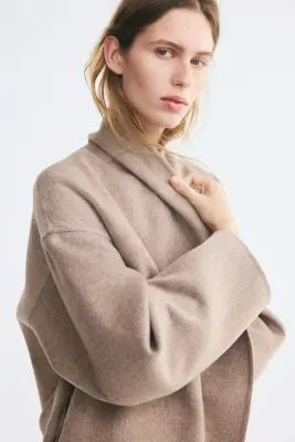 Manteau oversize fait main en laine mélangée - Taupe — photo 2