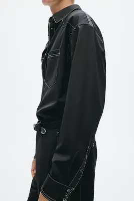 Chemise Regular Fit en twill de laine mélangée - Noir — photo 4
