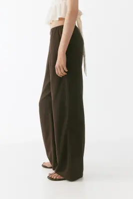 Pantalon large en lin mélangé - Marron foncé — photo 4