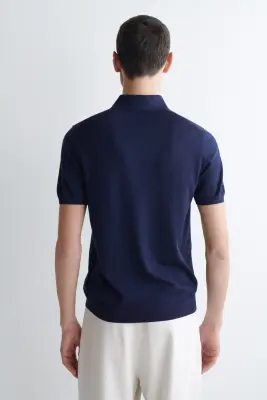POLO SLIM EN MAILLE DE SOIE - BLEU — photo 4