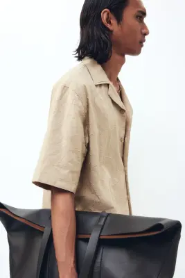 Chemise texturée Relaxed Fit avec col cubain - Beige foncé — photo 3