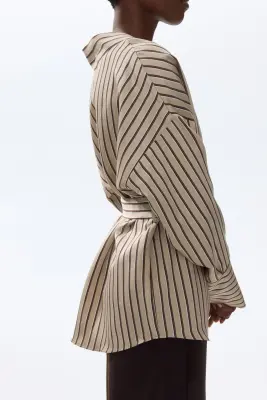 Top croisé avec ceinture à nouer - Beige/rayé — photo 2
