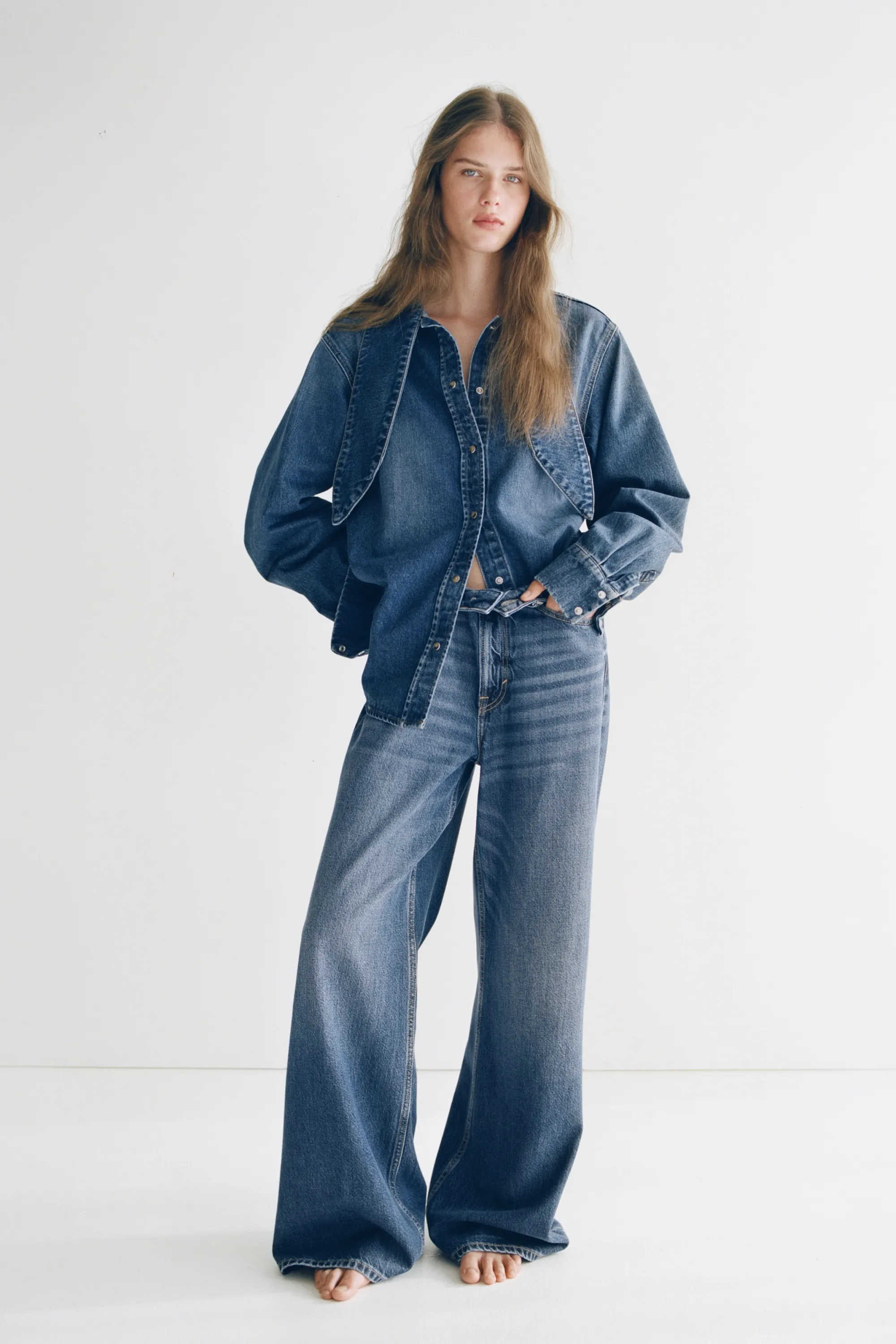 Chemise en denim avec col à nouer - Bleu denim
