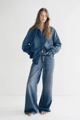 Chemise en denim avec col à nouer - Bleu denim — photo 1