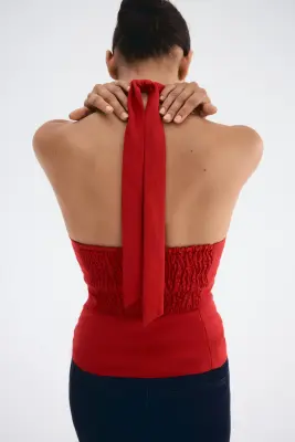 Top dos nu en lin mélangé - Rouge — photo 2