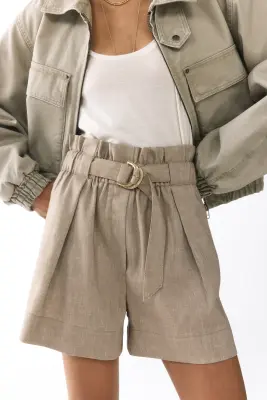 Short paper bag avec ceinture - Taupe clair — photo 1
