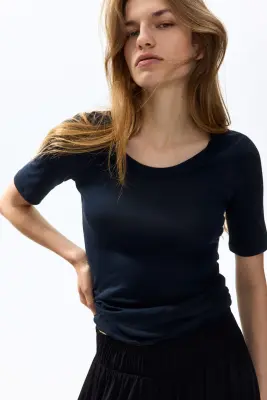T-shirt en coton pima avec encolure dégagée - Bleu marine — photo 3