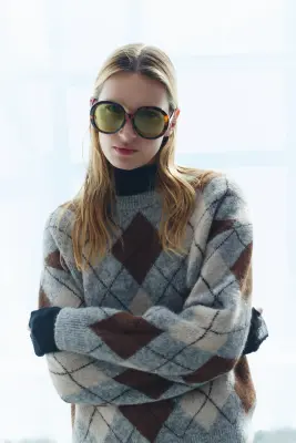 Pull oversize - Gris/motif argyle — photo 2