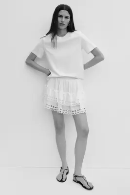 Jupe à étages avec broderie anglaise - Crème — photo 2