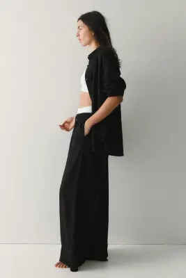 Pantalon large en lin mélangé - Noir — photo 2