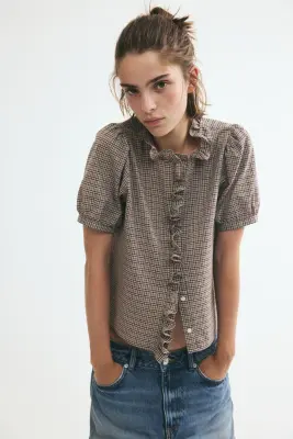 Blouse volantée en coton - Taupe clair/carreaux — photo 1