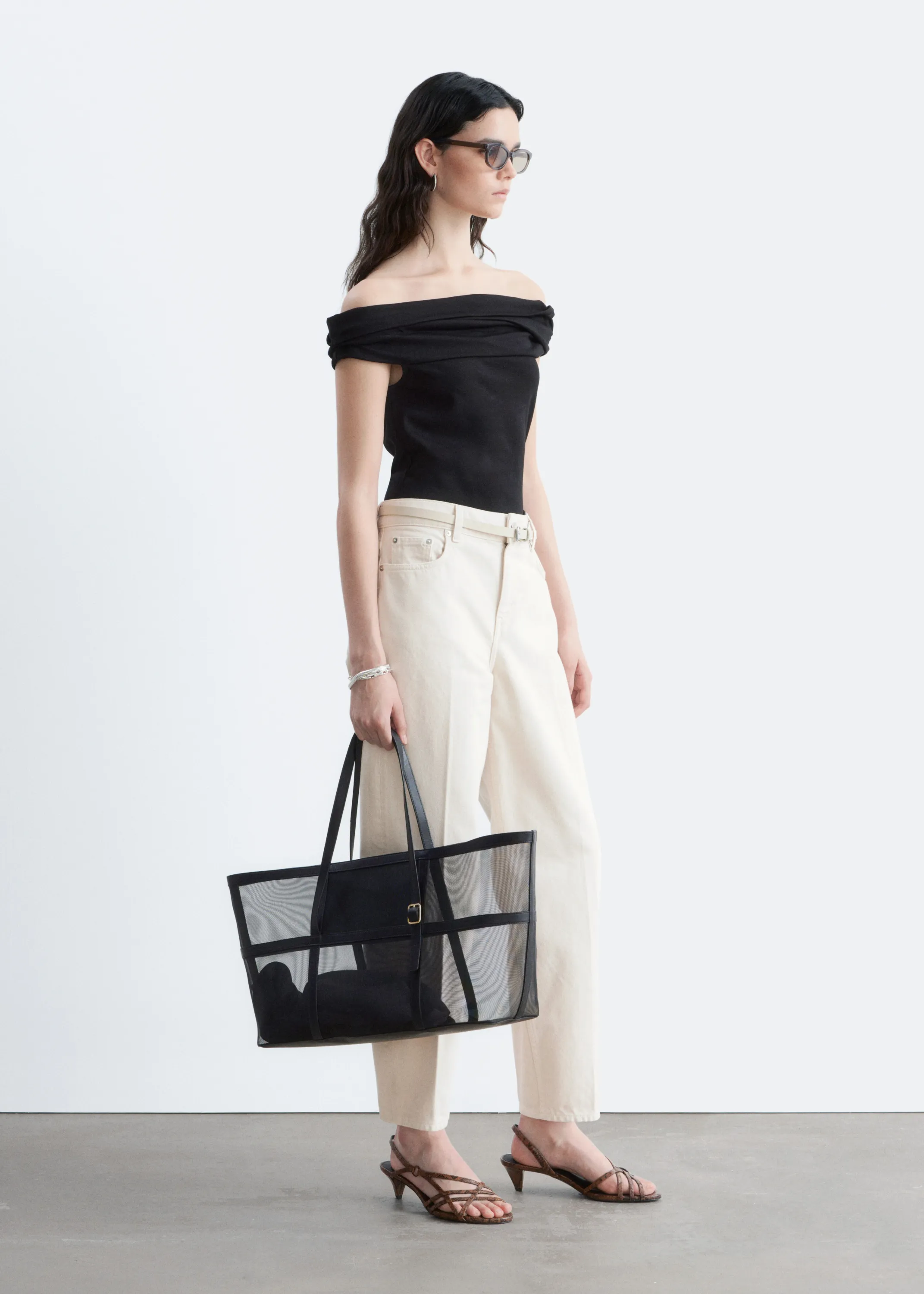 Sac cabas en mesh à détails en cuir - Noir