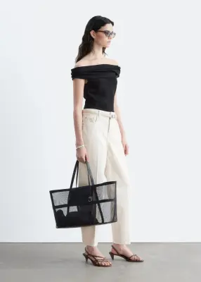 Sac cabas en mesh à détails en cuir - Noir — photo 1